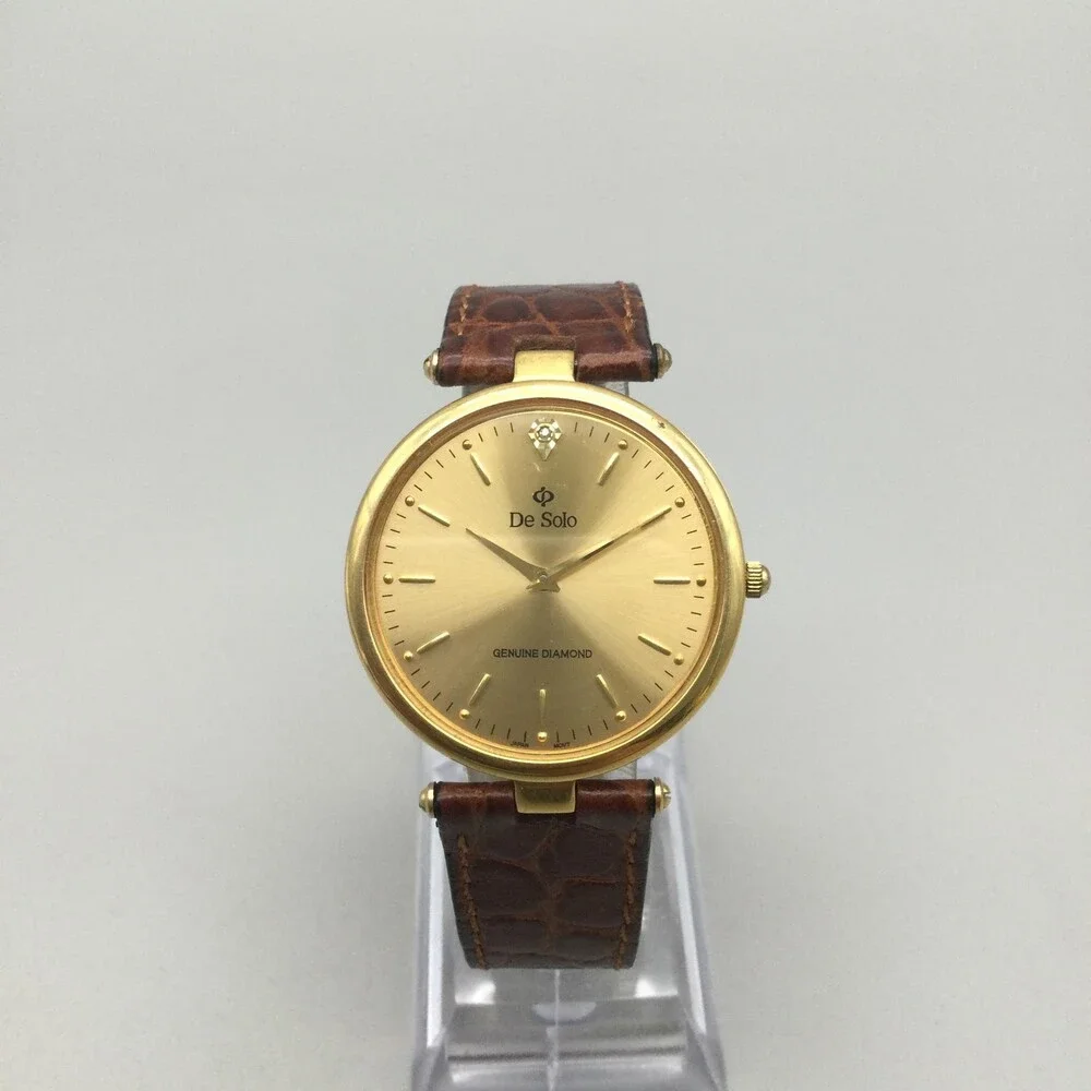 De Solo Watch Women 32mm Diamond 18K Gold Plated Brown Leather Strap New Battery - Picture 2 of 15
